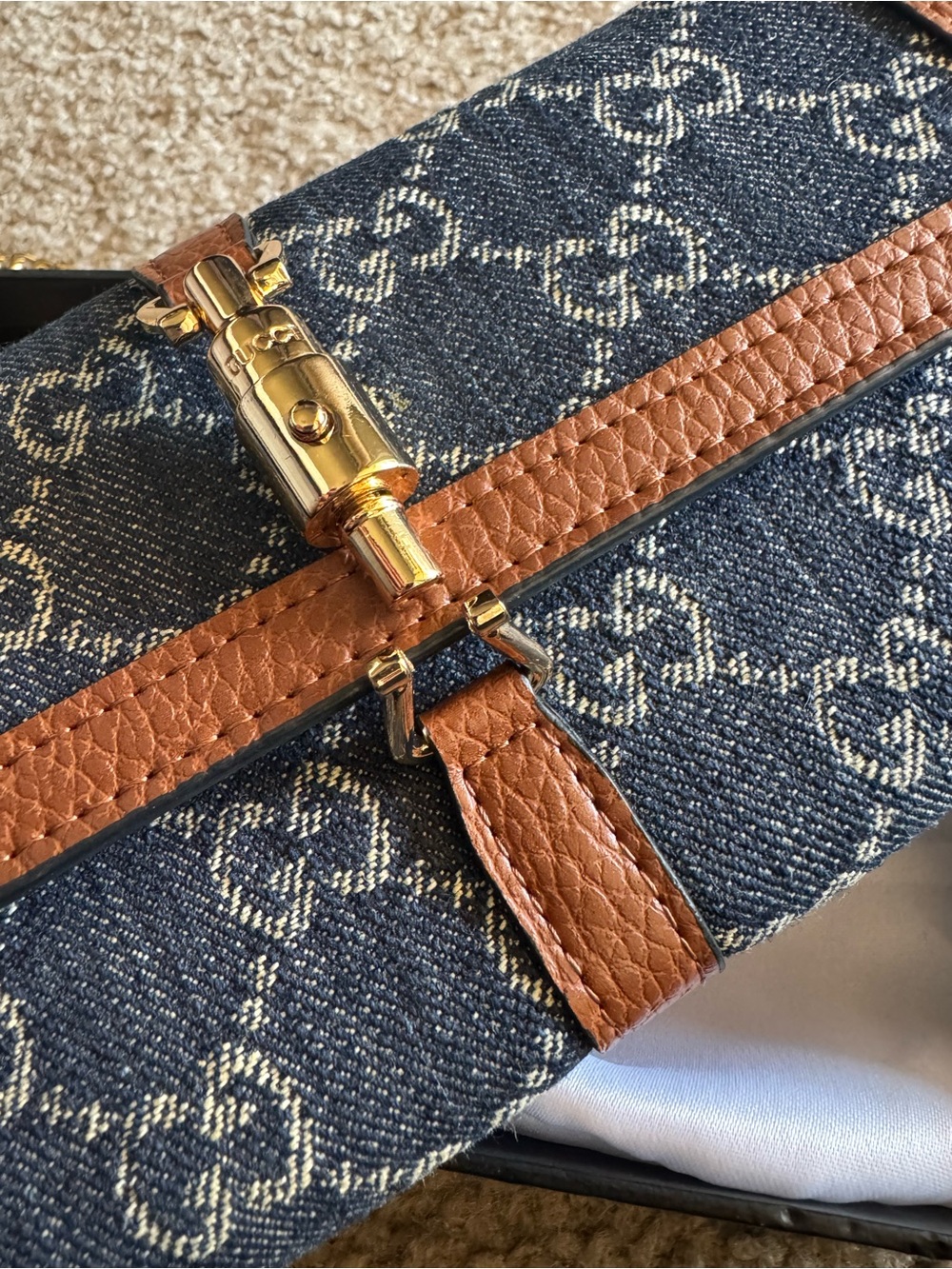 Navy Monogram Denim Crossbody with Brown Leather and Gold Chain - Picture 4 of 7